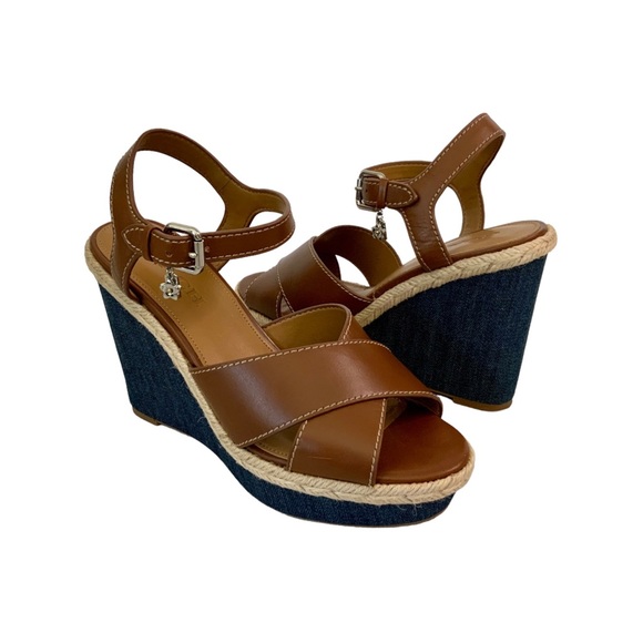 Coach Wedge Sandals Saddle Leather Denim Platform Sz 7.5 IOB - Picture 1 of 11